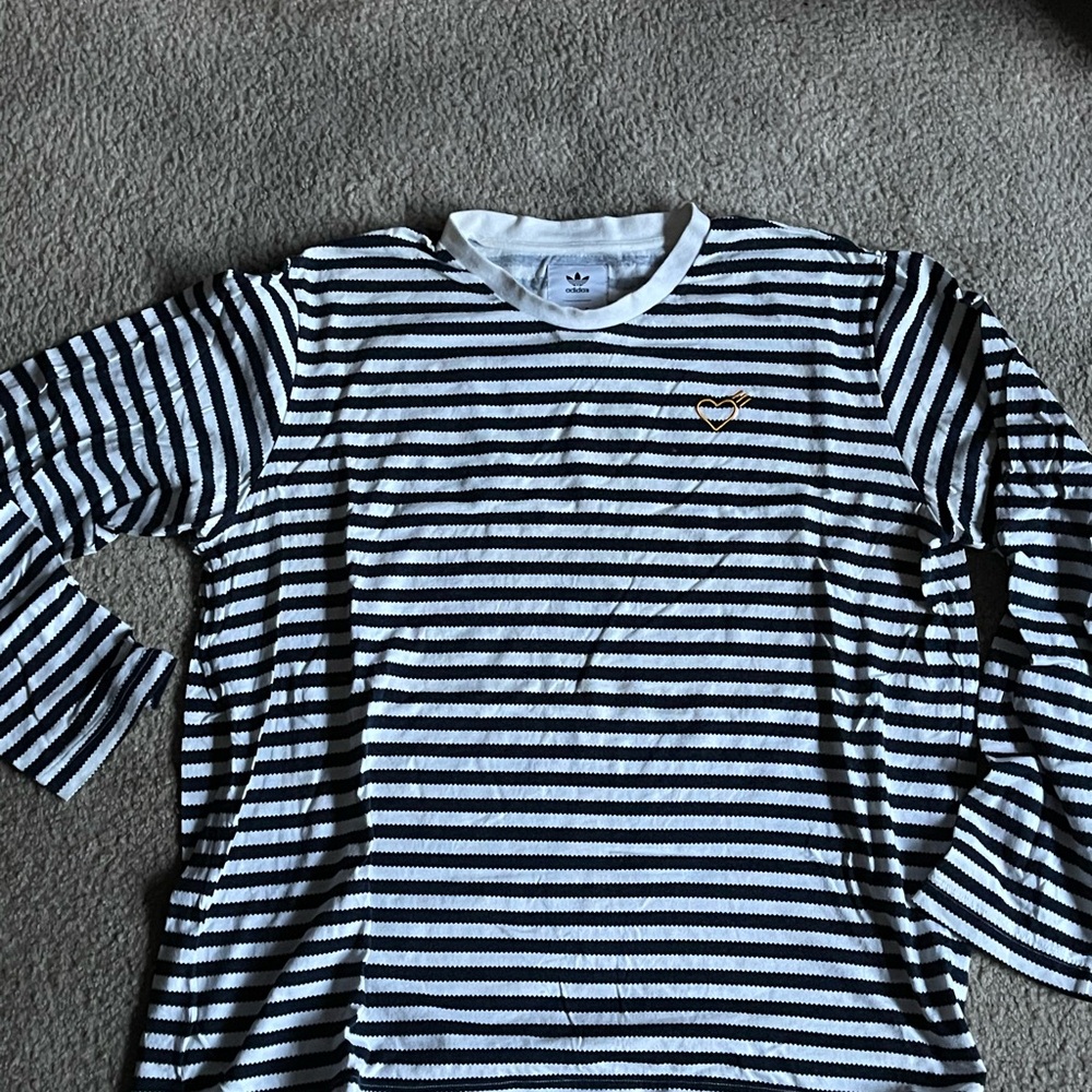 Adidas x Human Made Men's Long Sleeve Blue and White Striped Tee